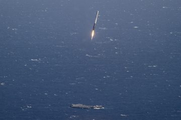 Rocket landing above ocean